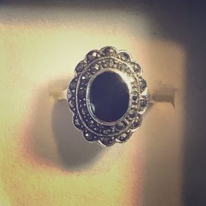 Vintage black onyx marcasite silver ring